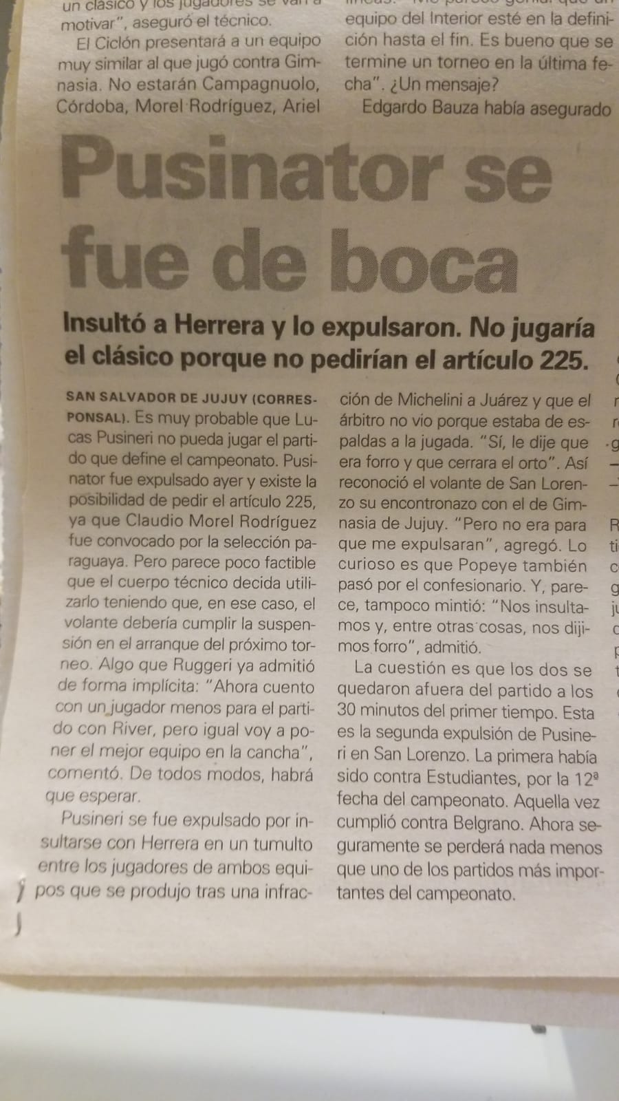30' · Tarjeta Roja · Pusineri, Lucas Andres